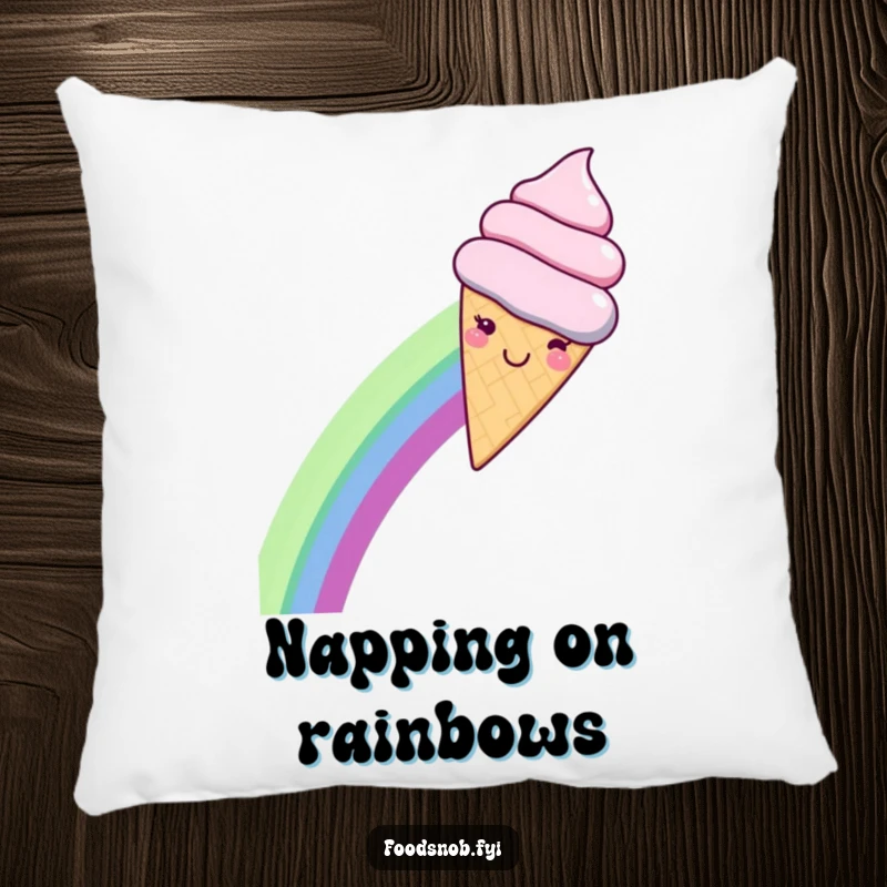 Funny pillow with a smiling kawaii ice cream cone sliding down a rainbow, providing comfort and a touch of whimsical joy.