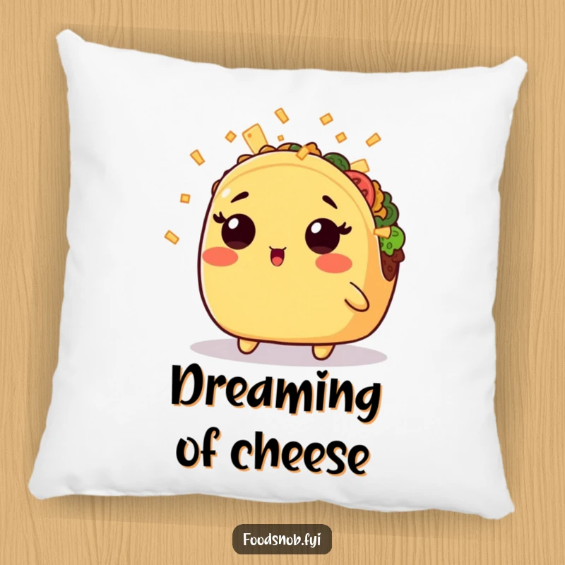 Funny pillow featuring a surprised kawaii taco being showered with tiny cheese shreds, adding whimsical comfort and humor to spaces.