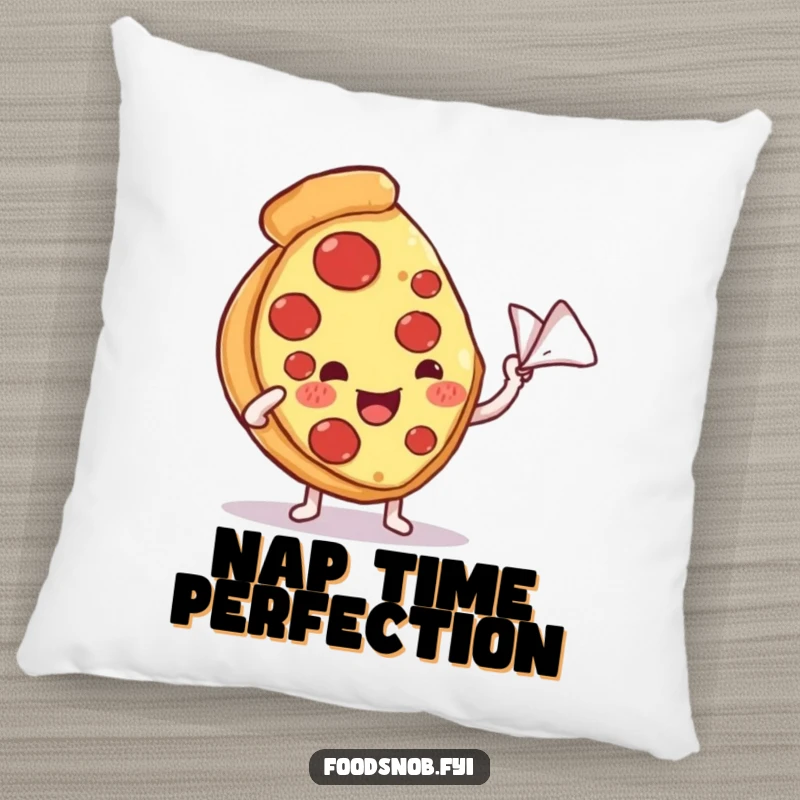 Funny pillow featuring a content pizza slice character being fanned with a miniature napkin, offering humorous comfort and a cheesy, relaxed vibe.