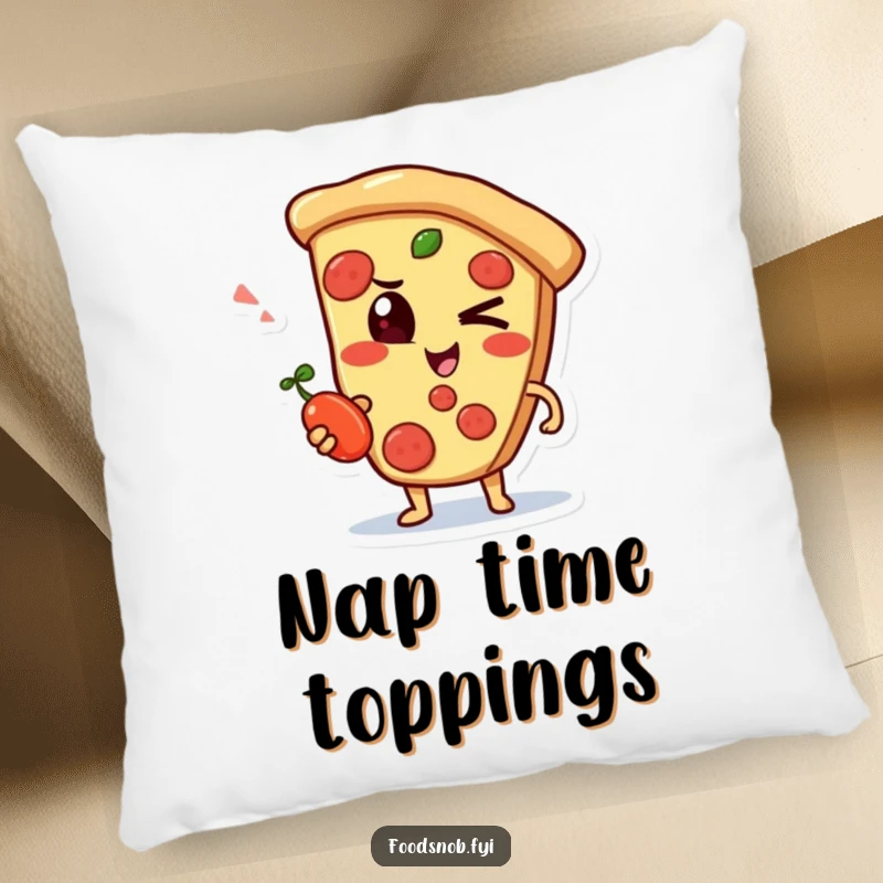 Funny pillow with a mischievous pizza slice character winking with a small pepperoncini, offering comfortable humor.