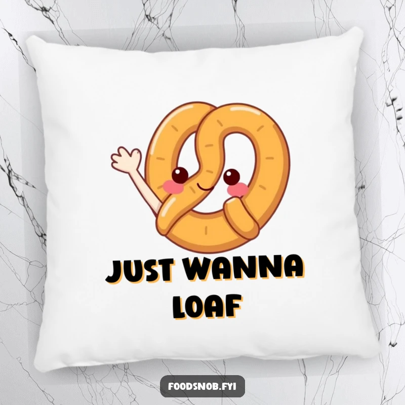 Funny pretzel pillow showcasing a soft pretzel character cheerfully waving its loop, providing comfort and comedic charm.