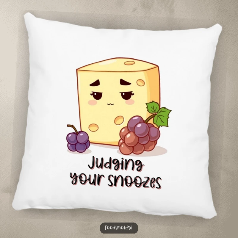 Funny stern cheese pillow with a discerning cheese, stern expression, inspecting a tiny grape, cozy gourmet humor gift.