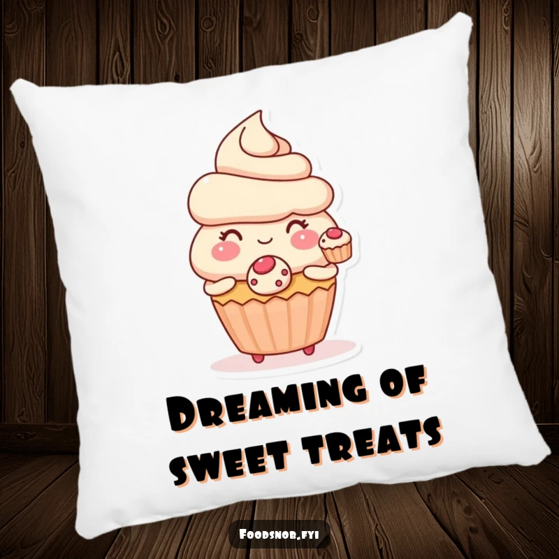 Funny pillow featuring a blushing cupcake character offering a miniature pastry, perfect for cozy, sweet, and humorous decor.