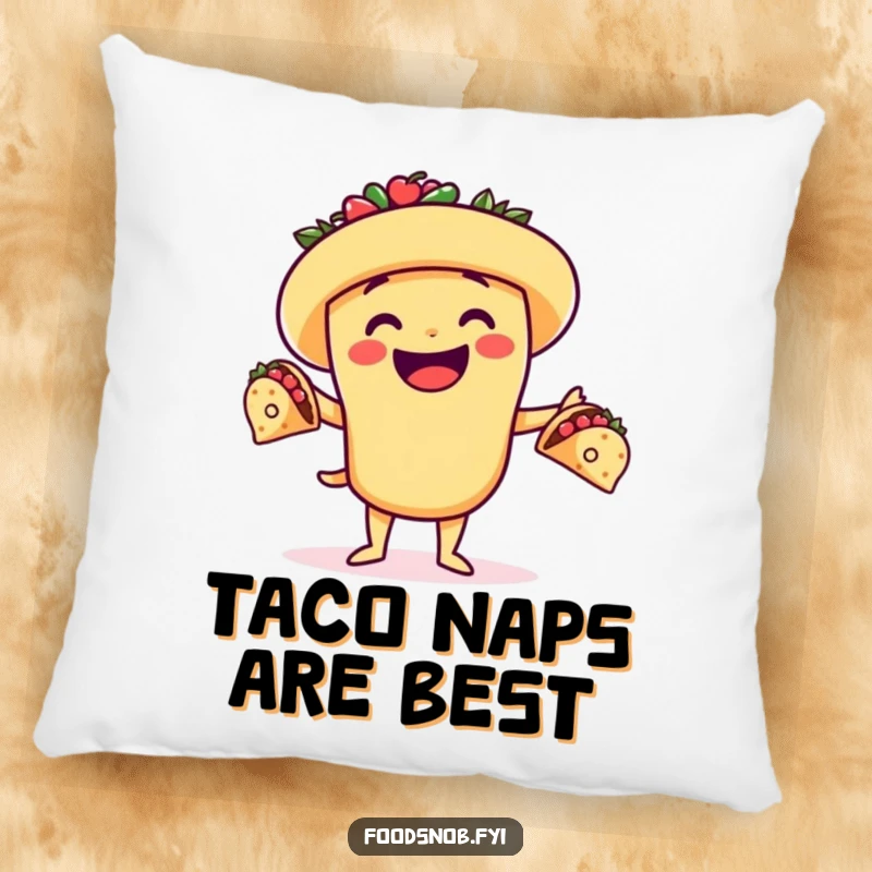 Funny pillow featuring a cheerful taco character juggling tiny tacos, offering humorous comfort and food-themed fun.