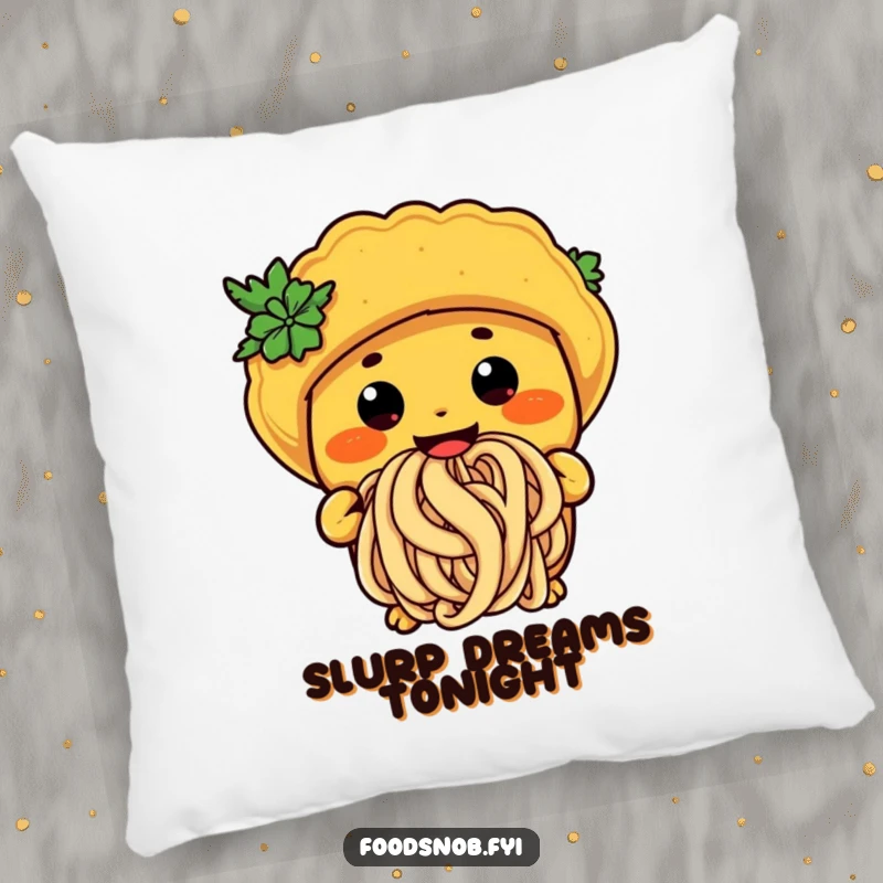 Funny taco noodle pillow featuring a character happily slurping a giant noodle, adding a touch of quirky comfort.