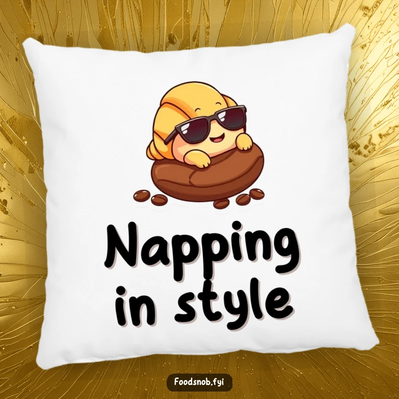Funny Croissant Pillow: A soft pillow featuring a smiling croissant with sunglasses lounging on a coffee bean, bringing cool humor to any room.