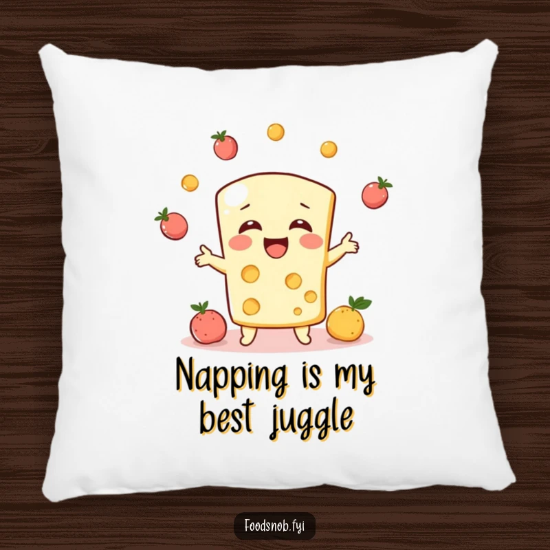 Funny decorative pillow, a bubbly cheese character giggling while juggling tiny fruits, soft and comfortable.