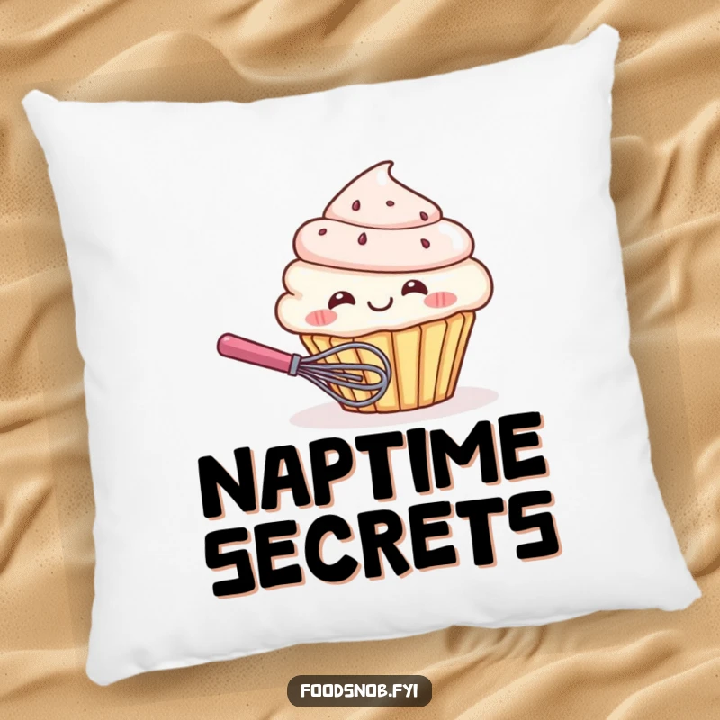 Funny pillow featuring a giggling cupcake character hiding behind a tiny whisk, offering humorous comfort and a sweet, playful vibe.