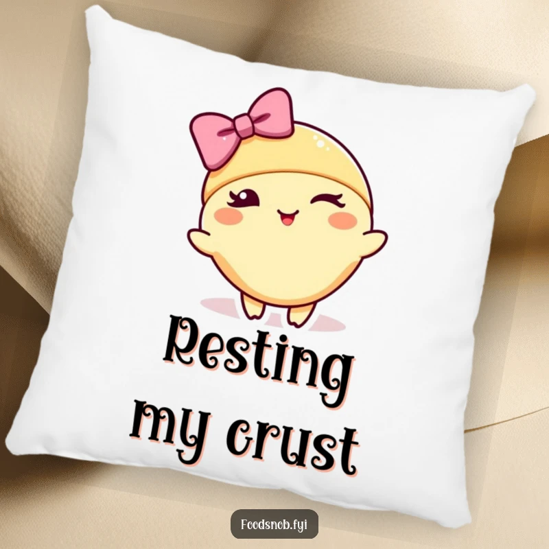 Funny throw pillow showing a croissant character winking and bowing stylishly, offering a chic and humorous decorative touch.