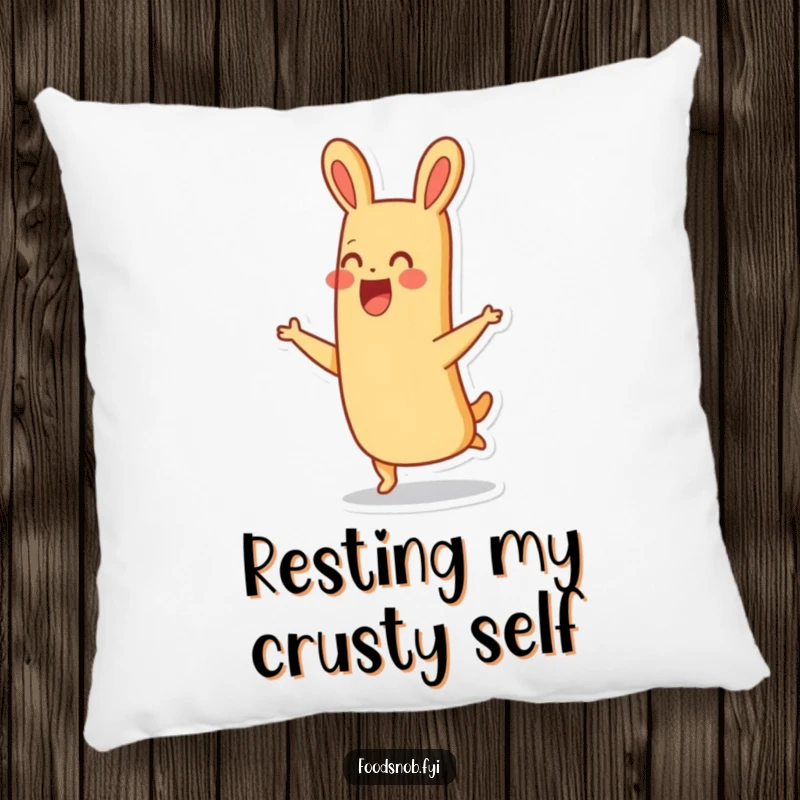 Funny thrilled baguette character joyfully hopping with a smile on this soft and humorous decorative pillow.