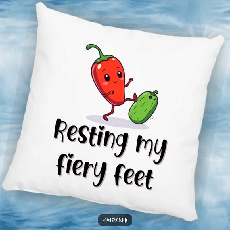 Funny Pillow design of a red chili pepper with small legs comically kicking a miniature cucumber, offering plush comfort and humor.
