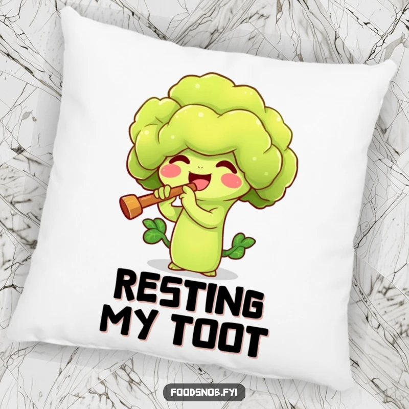 Funny pillow featuring a happy broccoli sprout character playing a tiny flute, offering comfort and whimsical humor. A cute veggie accent.