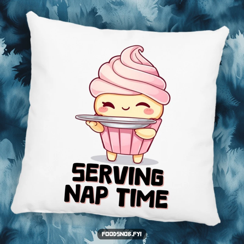 Funny pillow featuring a winking cupcake character holding a tiny platter, offering comfort and sweet humor. A cute dessert accent piece.