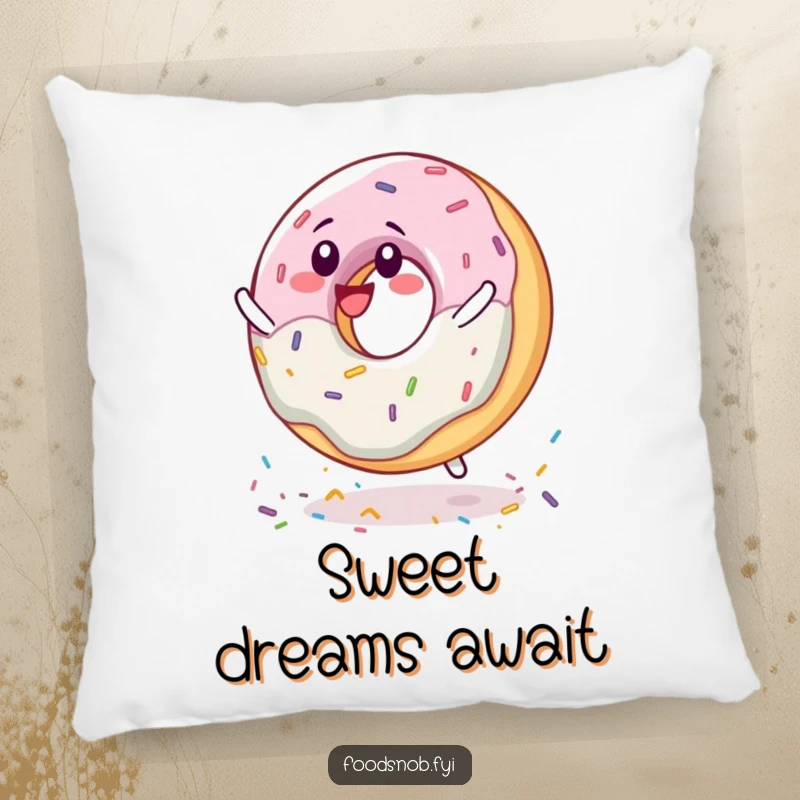Funny delighted donut character spinning on sprinkles, featured on a soft and cheerful accent pillow.