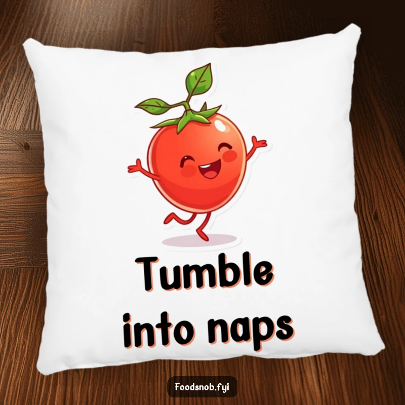 Funny Pillow featuring a cherry tomato character doing a cartwheel. Soft, cheerful, and full of life.