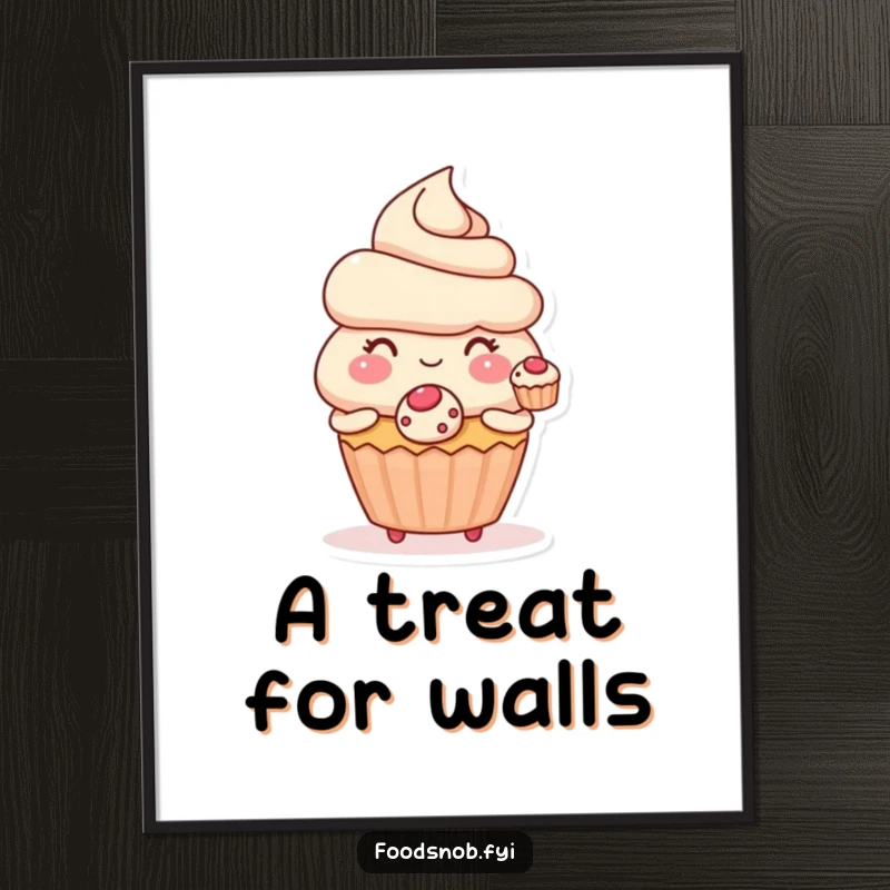 Funny digital art print of a blushing cupcake character offering a perfect tiny pastry, creating a sweet and humorous decor piece.
