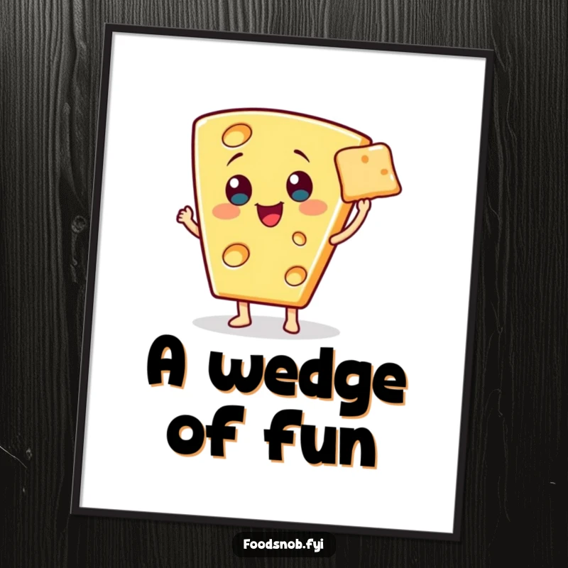 Funny digital art print of a cheerful cheese wedge character presenting a single, miniature cracker with an elegant flourish, for gourmet decor.