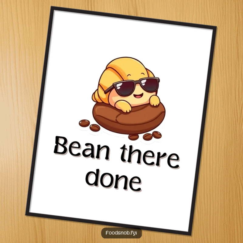 Funny Croissant Digital Art Print: High-resolution art of a smiling croissant with sunglasses lounging on a coffee bean, cool and humorous.