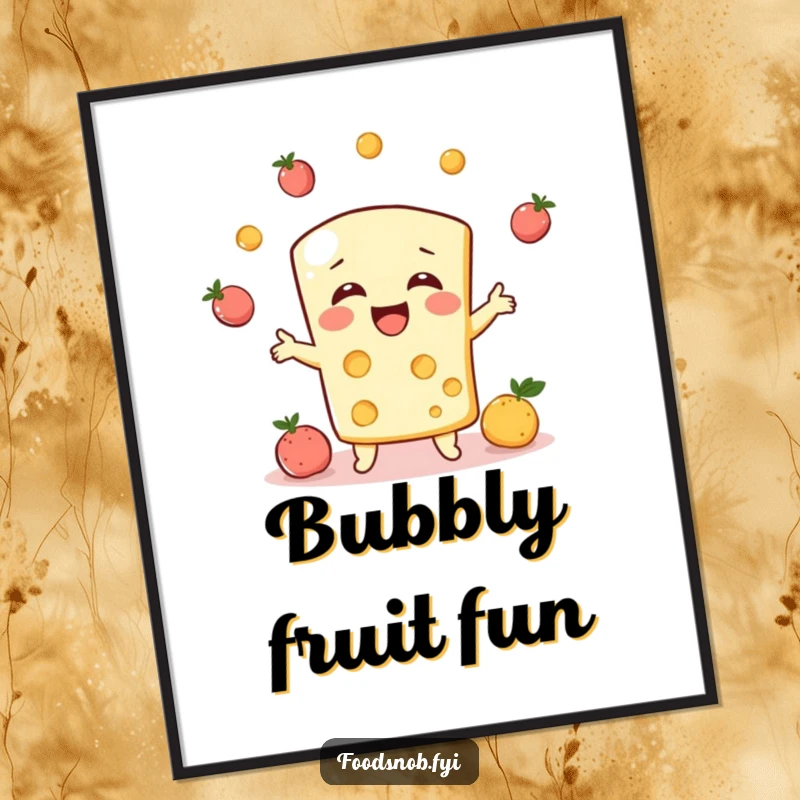 Funny digital art print, a bubbly cheese character giggling while juggling tiny fruits, vibrant and joyful art.