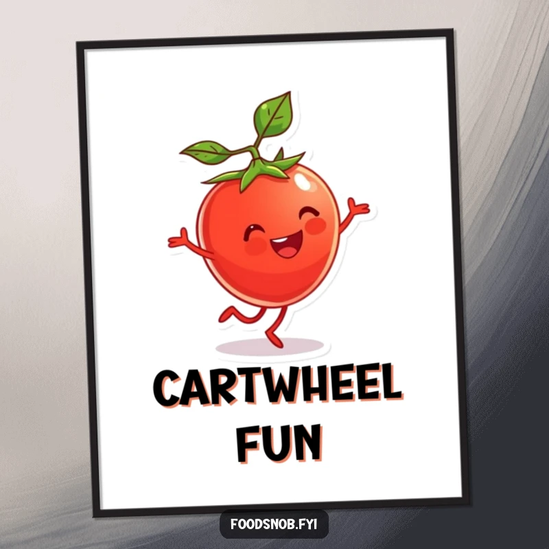 Funny Digital Art Print of a beaming cherry tomato character with tiny legs doing a cartwheel.