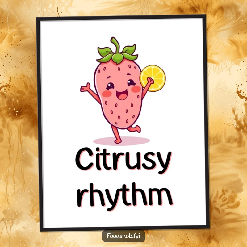 Funny digital art print of a strawberry character joyfully dancing with a lemon wedge, creating instant vibrant and humorous decor.
