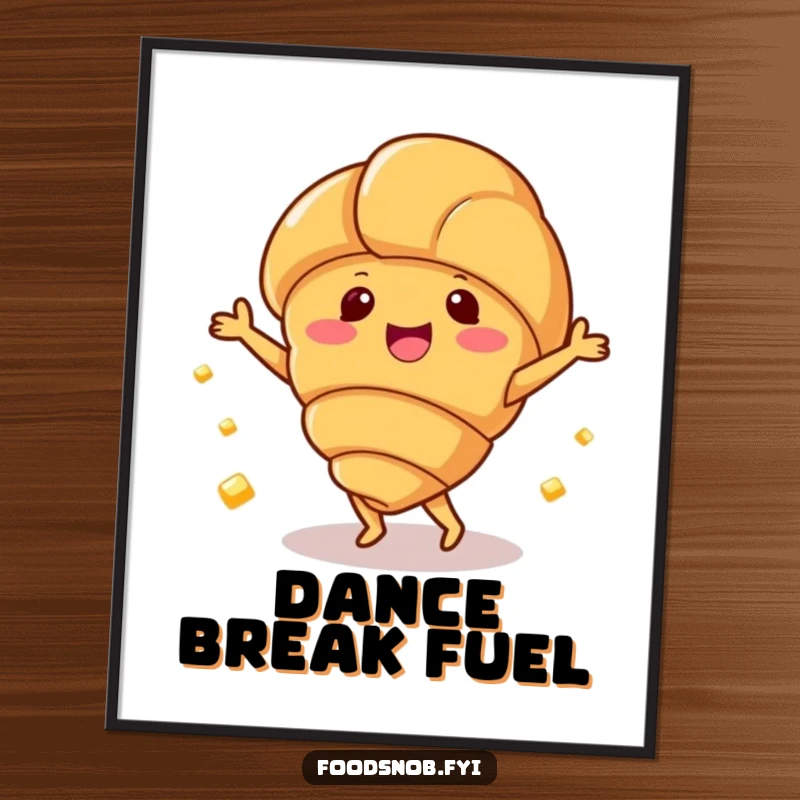 Funny digital art print of a happy croissant character dancing with small butter pats, for instant decor.