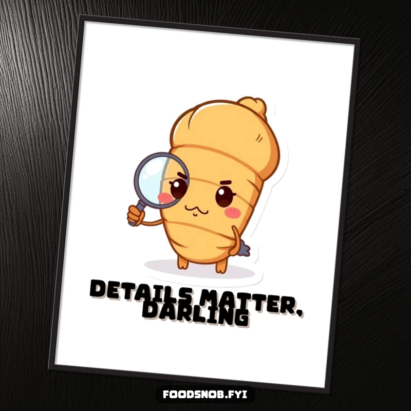 Funny croissant digital art print with a haughty croissant, pursed lips, holding a tiny magnifying glass, chic humorous wall art file.