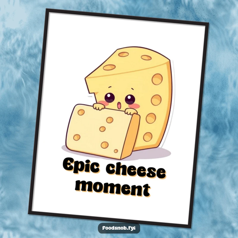 Funny digital art print of a surprised cheese wedge character peering over an enormous fancy cracker, adding instant snack humor.