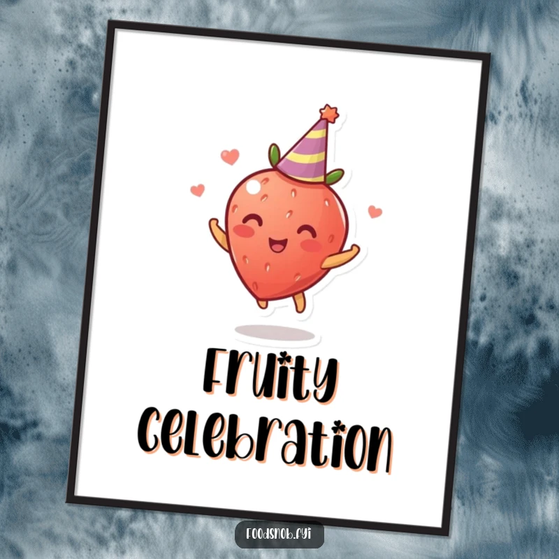Funny Digital Art: A printable artwork of a delighted strawberry spinning with a tiny party hat, perfect for instantly adding festive cheer.