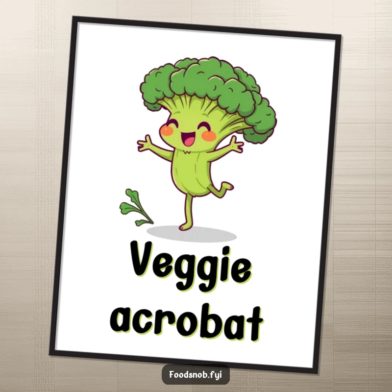 Funny digital art print of a joyful broccoli character attempting a cartwheel with visible effort, radiating humorous perseverance and cheerful energy.