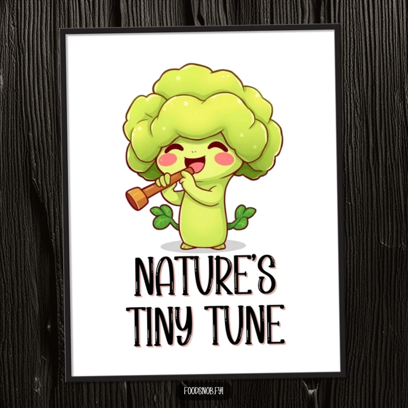 Funny digital art of a vibrant broccoli sprout character playing a miniature flute. Instant whimsical veggie decor for your space.