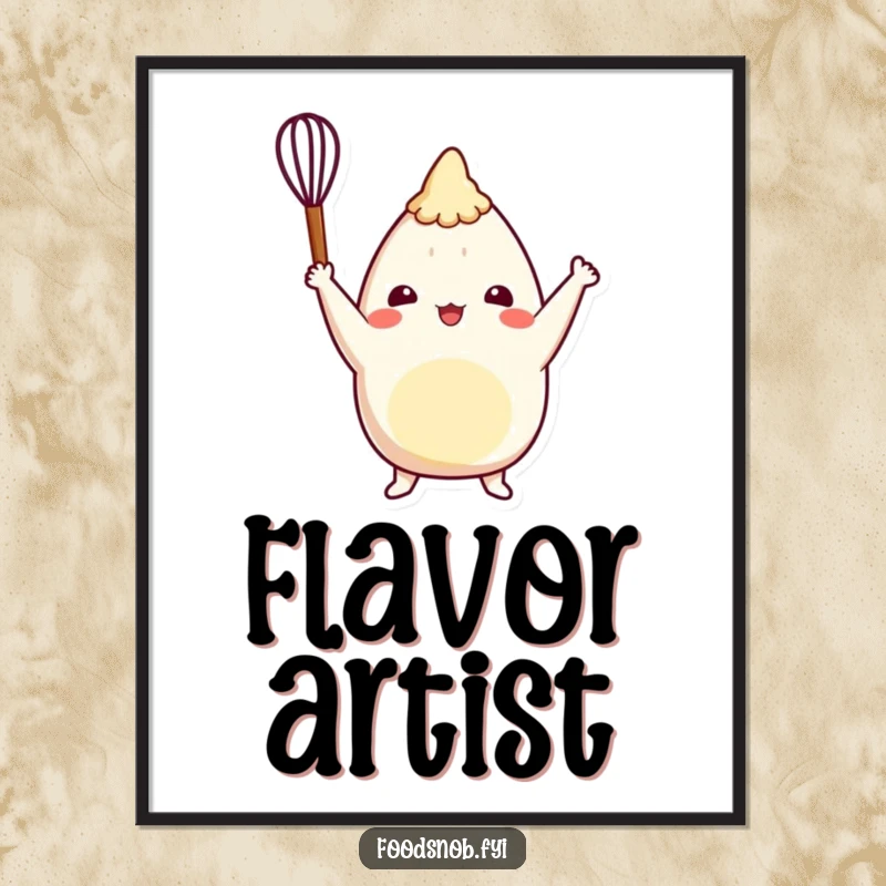 Funny burrito digital art print of a cheerful character triumphantly raising a tiny whisk, celebrating food and fun.