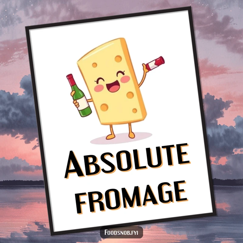 Funny gleeful cheese slice character balancing a miniature wine bottle, digitized as humorous wall art for instant download.