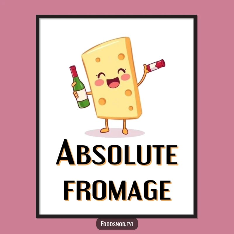 Funny Cheese and Wine Digital Art: Gleeful Slice Character Print for Decor