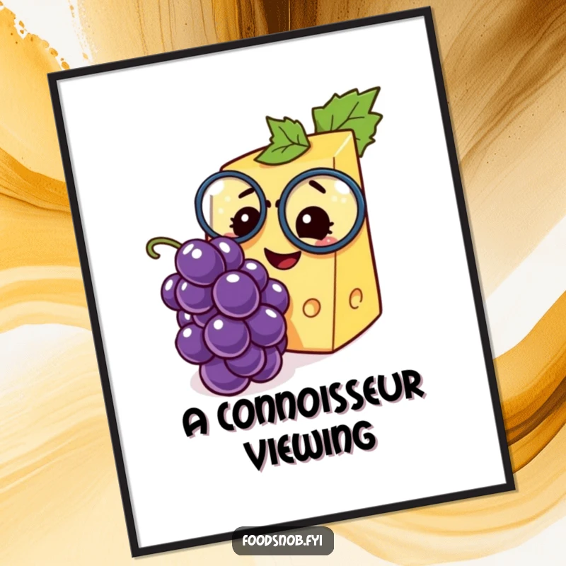 Funny digital art print of a smiling cheese wedge wearing a monocle, joyfully observing a miniature grape with refined amusement.