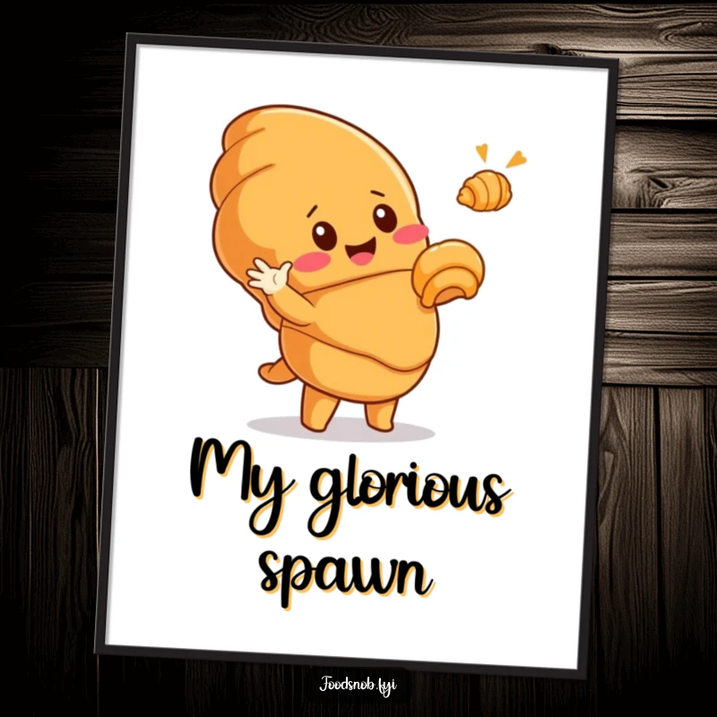Funny digital art print of a cute, smiling croissant character dramatically gesturing to a tiny golden croissant, adding humor to any screen.