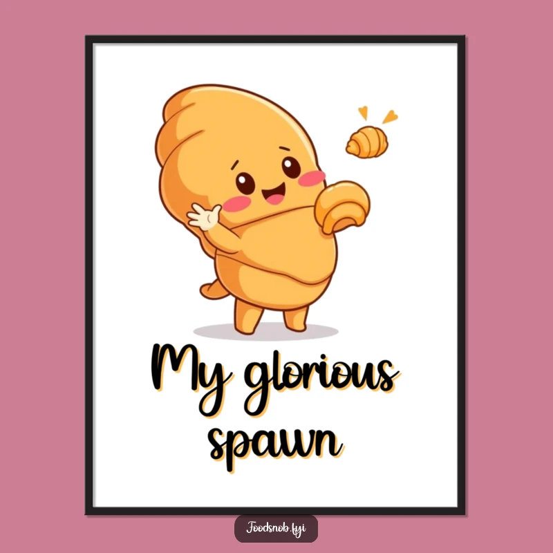Funny Croissant Digital Art: Cute Pastry Character Hilariously Gestures to Tiny Golden Croissant