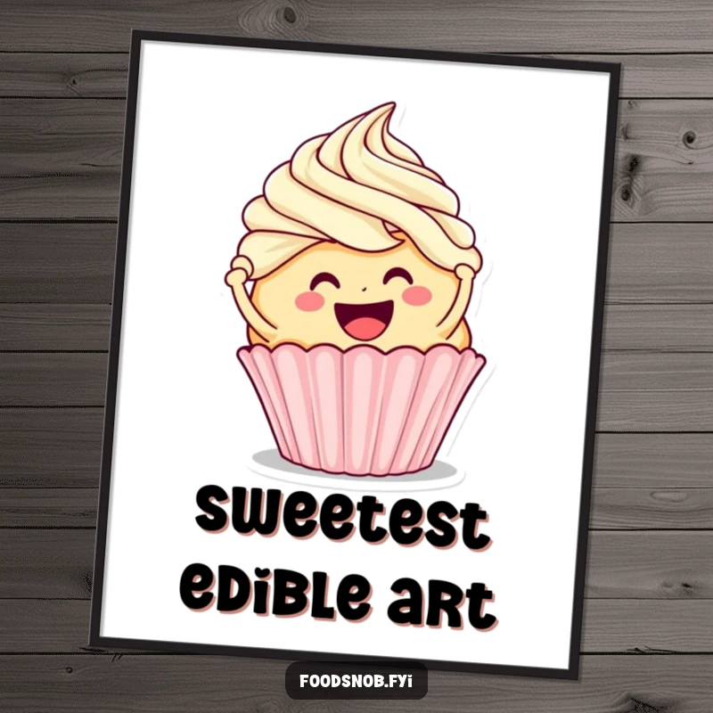 Funny digital art print of a smiling cupcake character frosting a bigger cupcake, offering an instant download of sweet, humorous decor.
