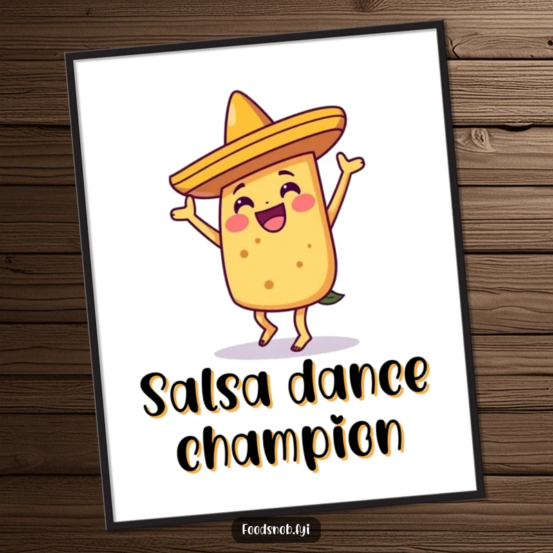 Funny joyful taco character dancing with a sombrero, rendered as a festive and humorous digital art print.