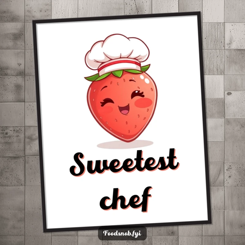 Funny Digital Art Print of a cheerful strawberry character giving a wink while wearing a miniature chef hat, capturing culinary fun.