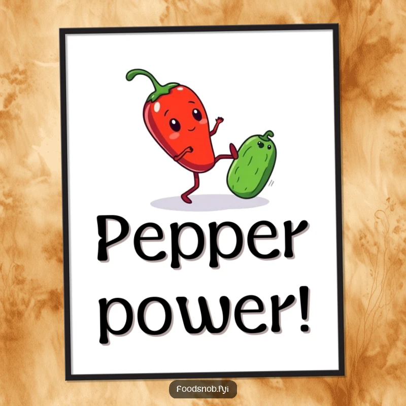 Funny Digital Art Print of a red chili pepper with tiny legs comically kicking a small cucumber, capturing a moment of playful food conflict.