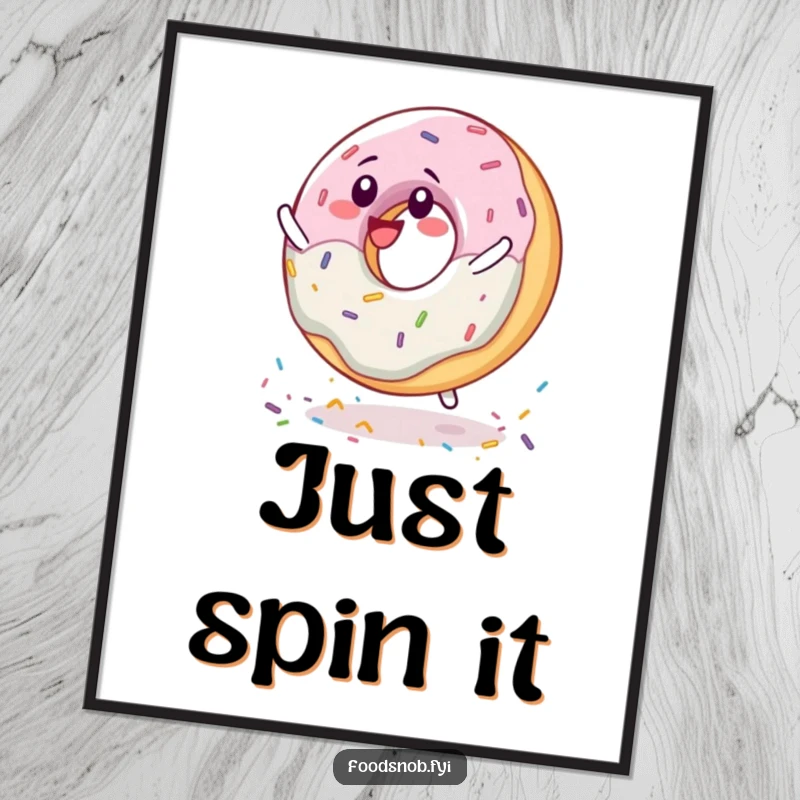 Funny delighted donut character spinning joyfully on sprinkles, digitized as cheerful wall art for instant download.