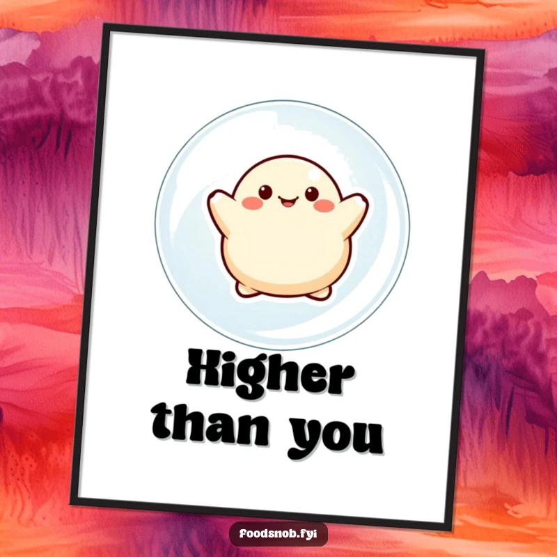 Funny digital art print of a pleased dumpling character happily floating on a bubble, perfect for adding whimsical decor.