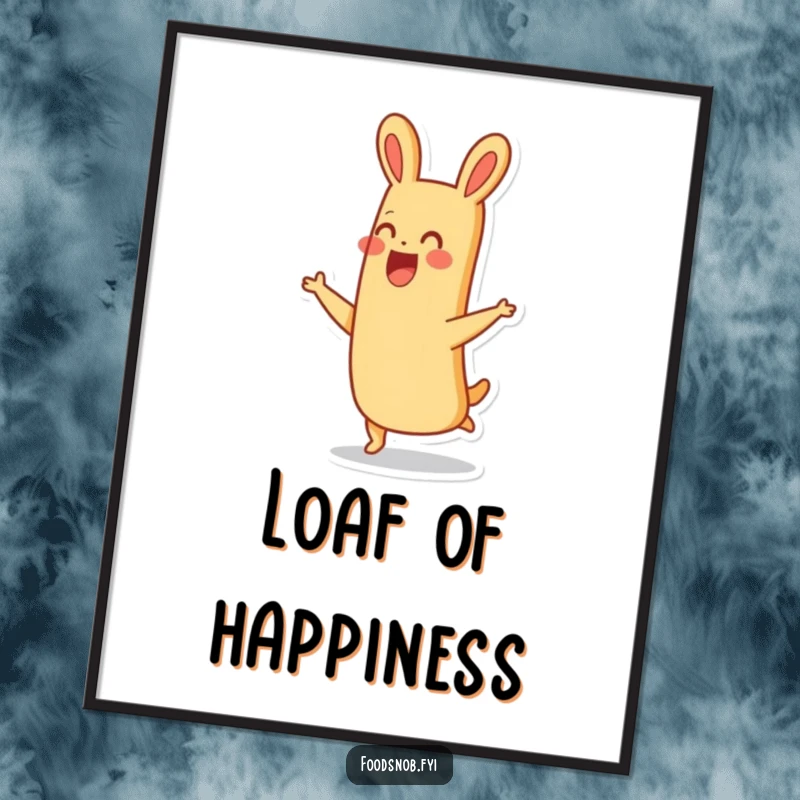 Funny thrilled baguette character joyfully hopping with a smile, rendered as a whimsical and humorous digital art print.