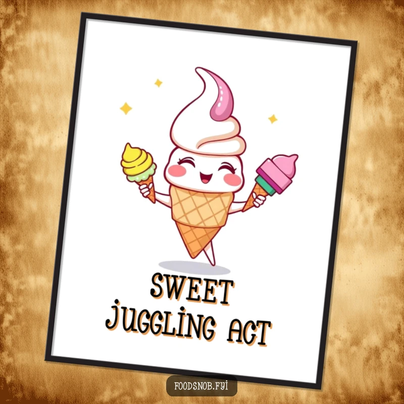 Funny giggling ice cream cone character juggling colorful cones, rendered as a whimsical and humorous digital art print.