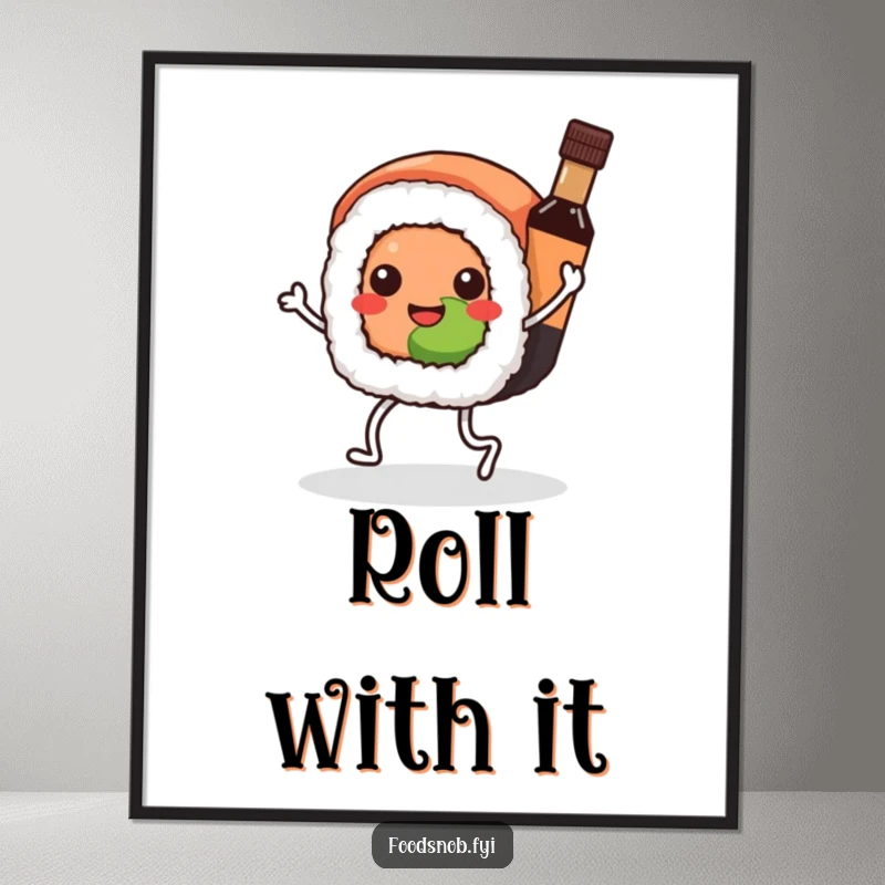 Funny Kawaii sushi digital art print, a sushi roll dancing with a soy sauce bottle, offering instant cheerful humor for home decoration.