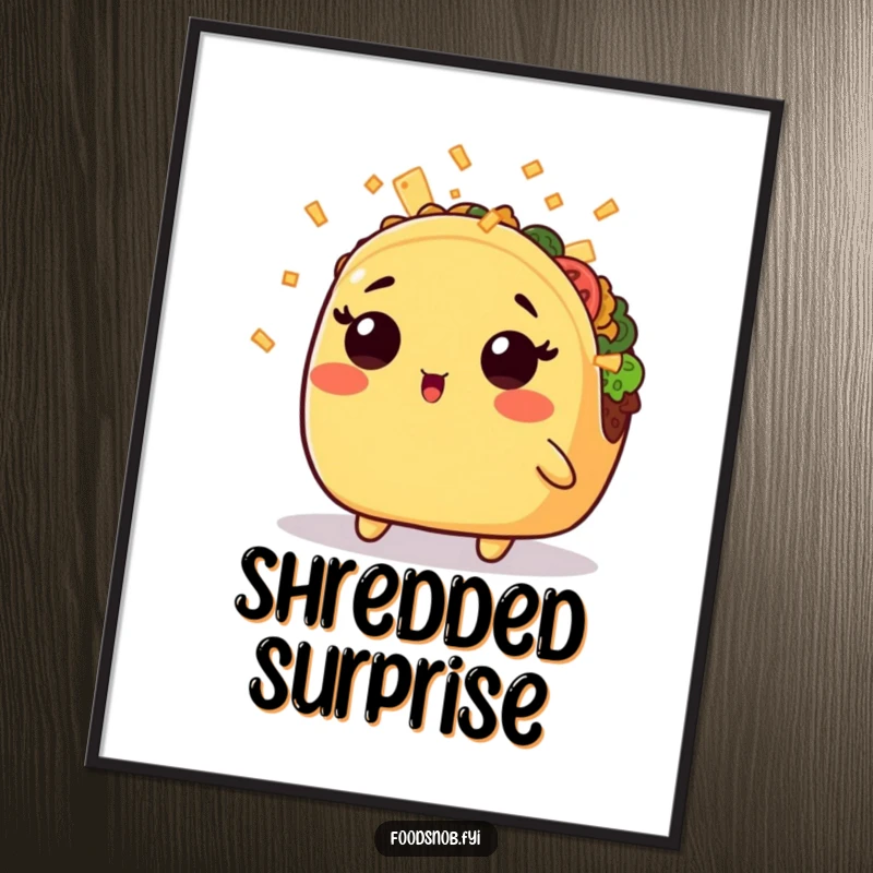 Funny digital art print of a surprised kawaii taco being showered with tiny cheese shreds, ready to add humor to any space.