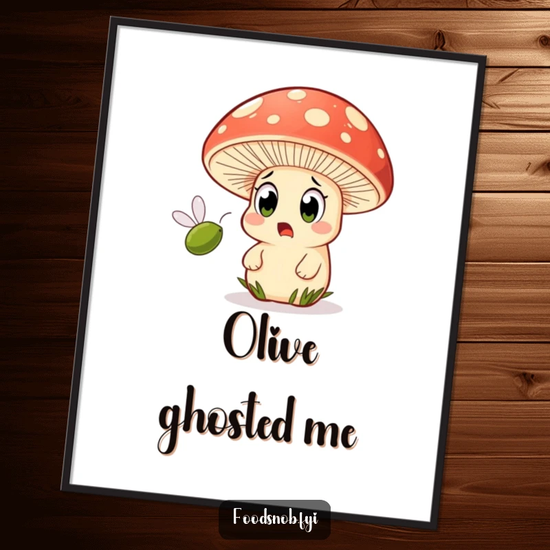 Funny digital art print of a mushroom character with wide eyes, looking shocked as a small olive flies past.