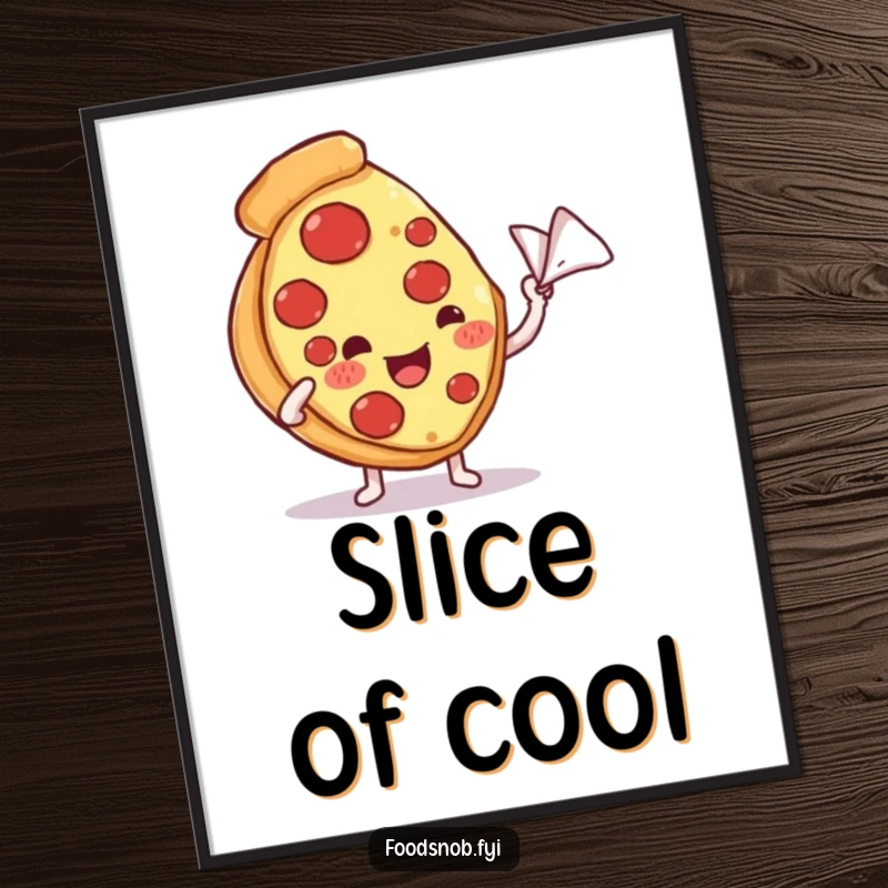 Funny digital art print of a content pizza slice character being fanned with a miniature napkin, radiating humorous comfort and cheesy joy.