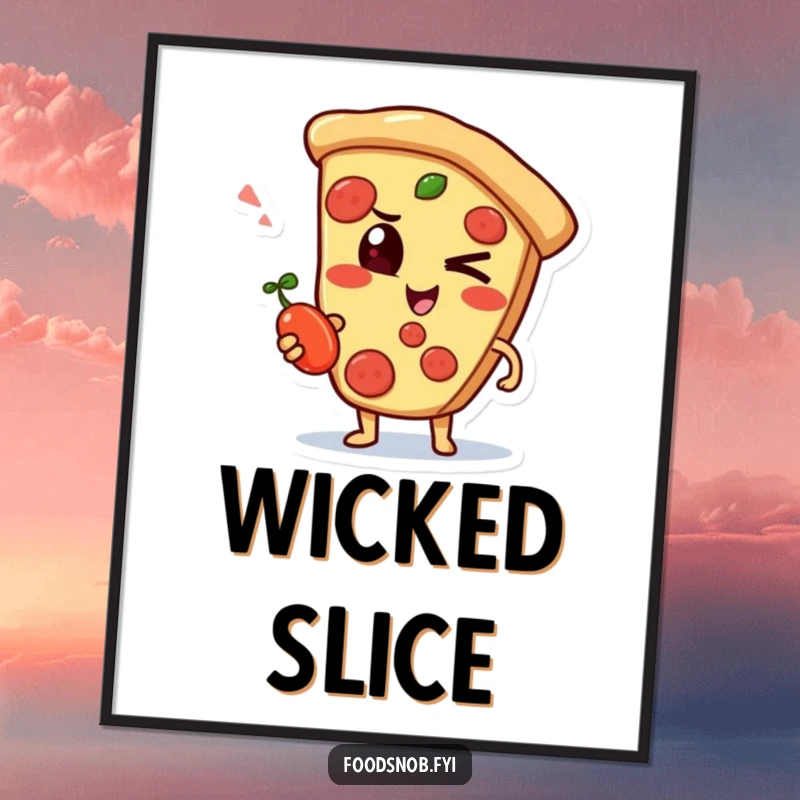 Funny digital art print of a mischievous pizza slice character winking with a small pepperoncini, for instant decor.